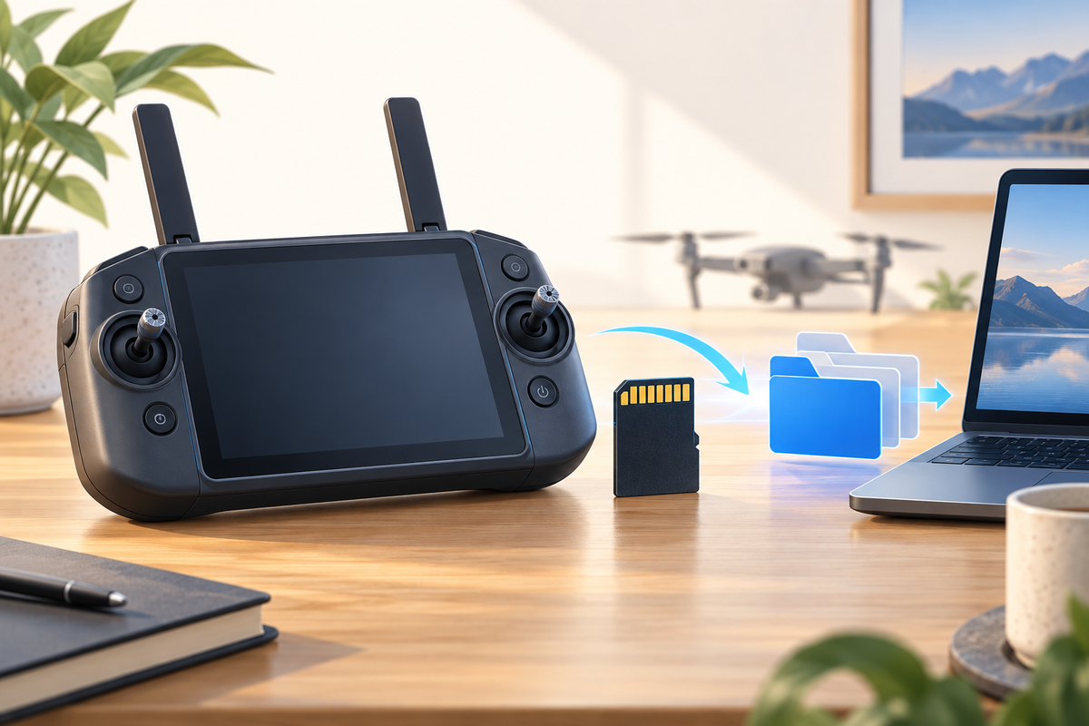 Editorial illustration: Dedicated screen controller silhouette next to a memory card and file-folder symbols, warm desk, uncluttered digital workflow illustration