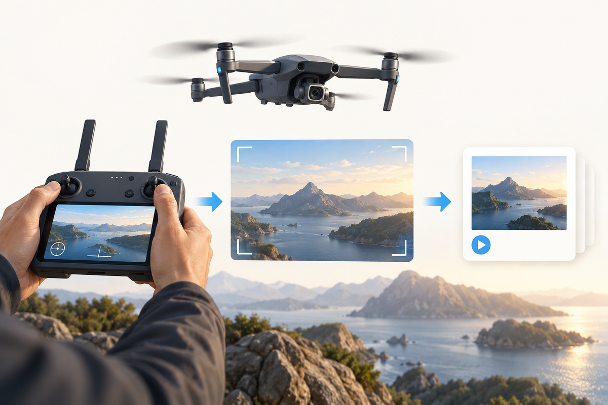 Editorial illustration: Three-step visual storyboard: controller display, camera framing window on landscape, and a saved-file thumbnail