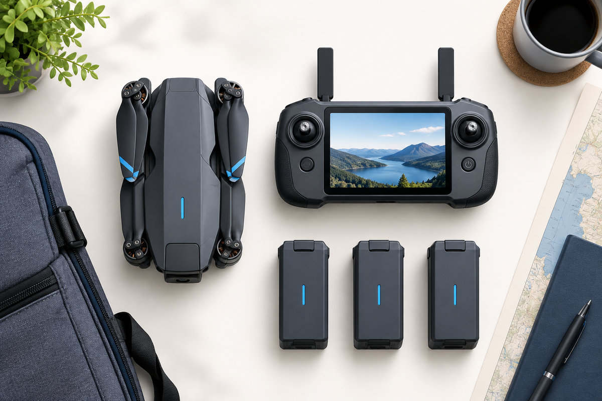 Editorial illustration: Top-down conceptual packing checklist: folded generic drone silhouette, screen controller, three separate unmarked battery packs arranged as choices, not a photographed included bundle