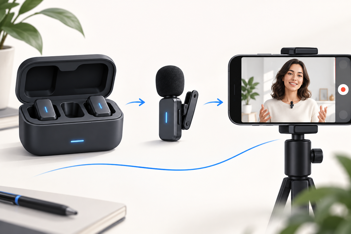 Editorial illustration: Unbranded microphone charging case, lapel clip and phone camera frame laid out in a gentle sequence, editorial organization illustration