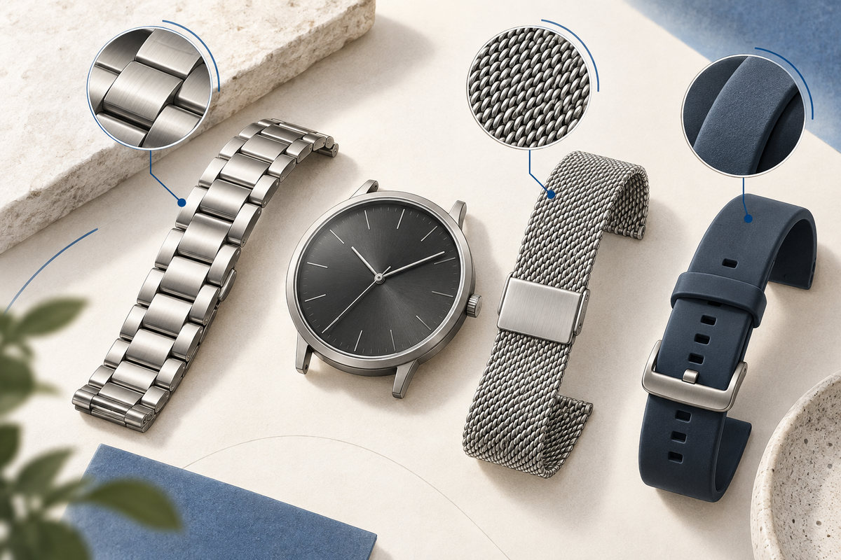 Editorial illustration: Close editorial texture study of generic link bracelet, mesh weave and flexible watch strap beside a compact watch outline