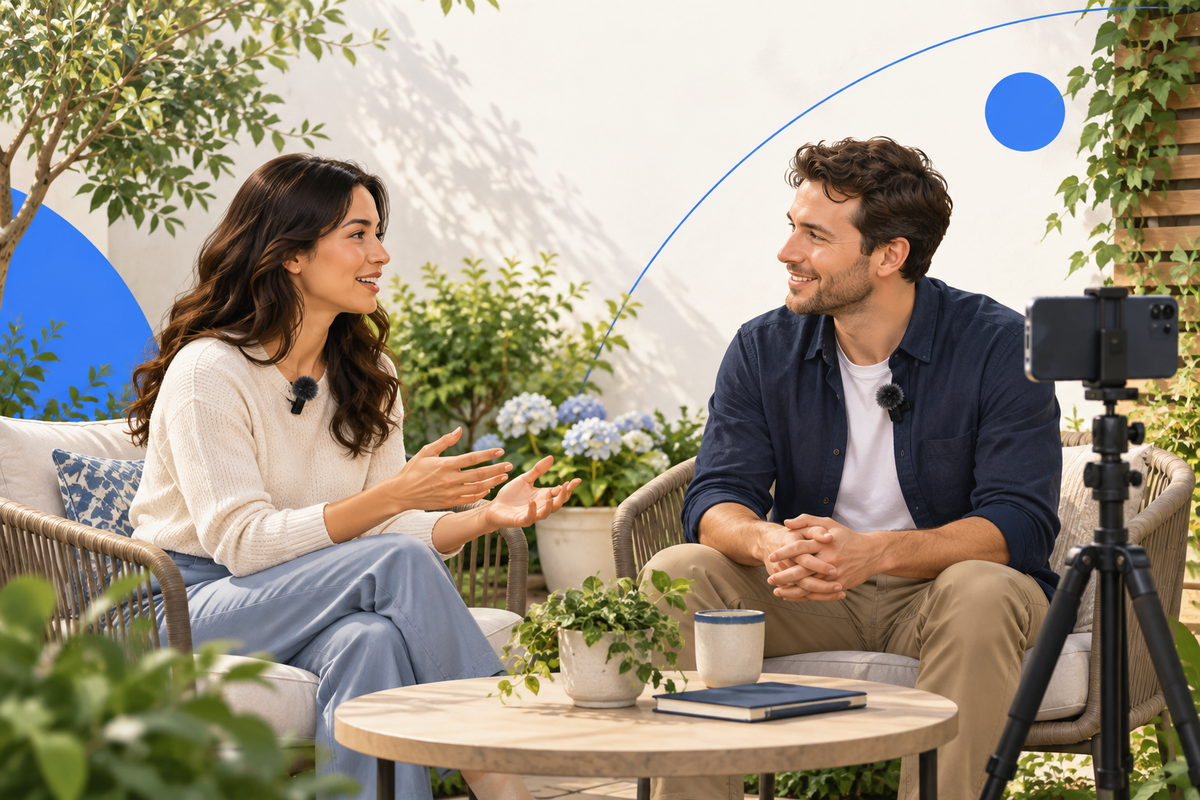 Editorial illustration: Two adult interview participants in a sheltered garden corner, subtle generic lapel mics with wind covers, phone tripod