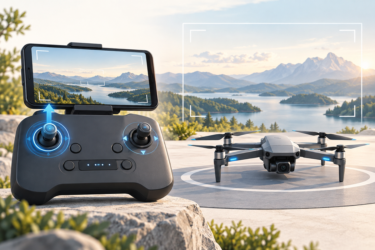 Editorial illustration: Controller with abstract highlighted control, drone on a clear landing pad, landscape composition frame in background