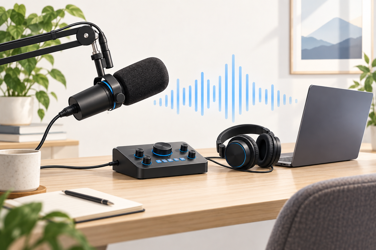 Editorial illustration: Boom microphone, generic tabletop audio control box, headphones and laptop arranged as a simple signal path