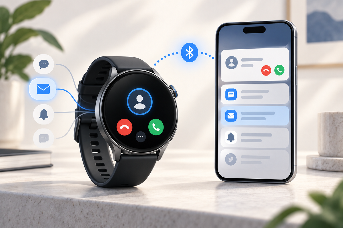 Editorial illustration: Round watch and nearby phone with a call bubble and a selectively filtered notification stack