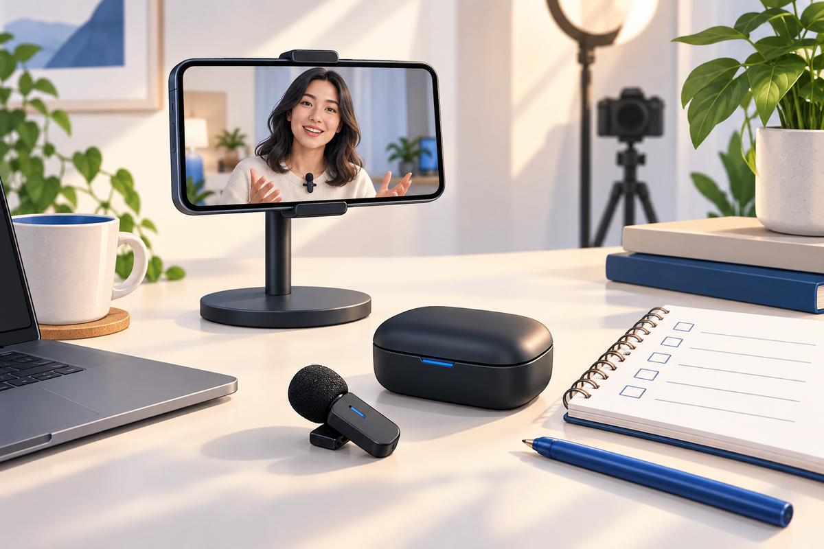 Editorial illustration: Creator desk with phone on a stand, clip microphone, case and an unlabeled checklist