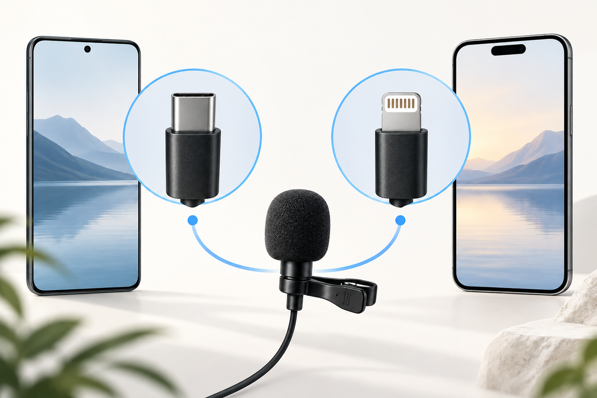 Editorial illustration: Two distinct accurate connector silhouettes USB-C and Lightning beside phone outlines and one generic lapel microphone