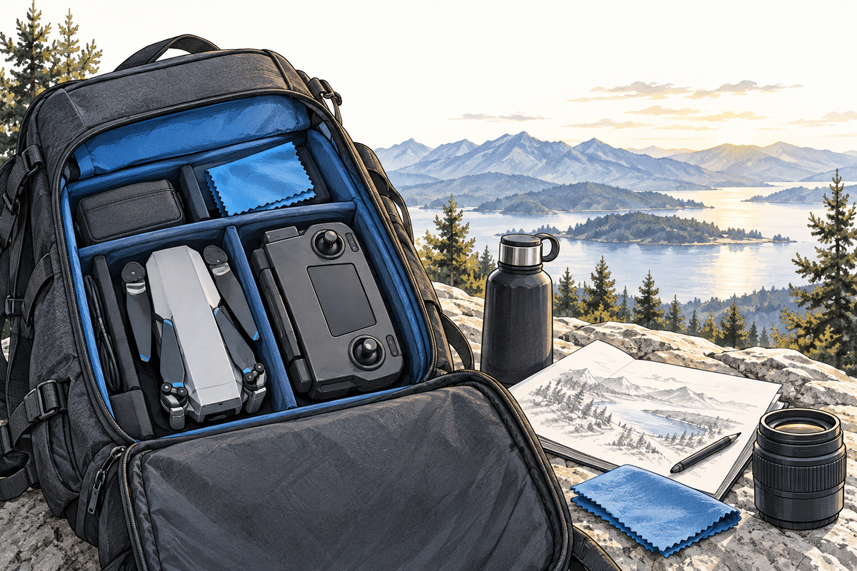 Editorial illustration: Outdoor backpack packing scene with a protected folded drone-shaped object, controller, lens cloth and open landscape sketch