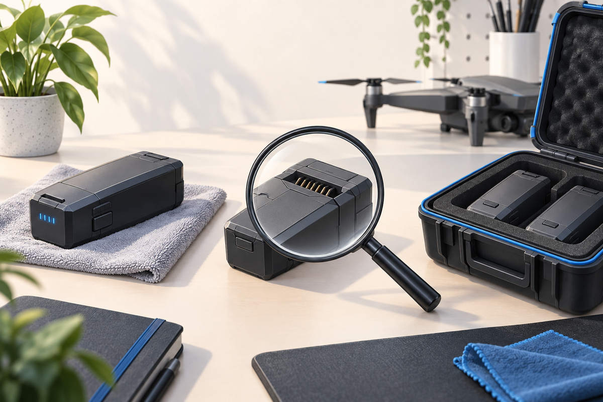Editorial illustration: Three conceptual battery states arranged on a workbench: cool resting pack, inspection magnifier, storage case