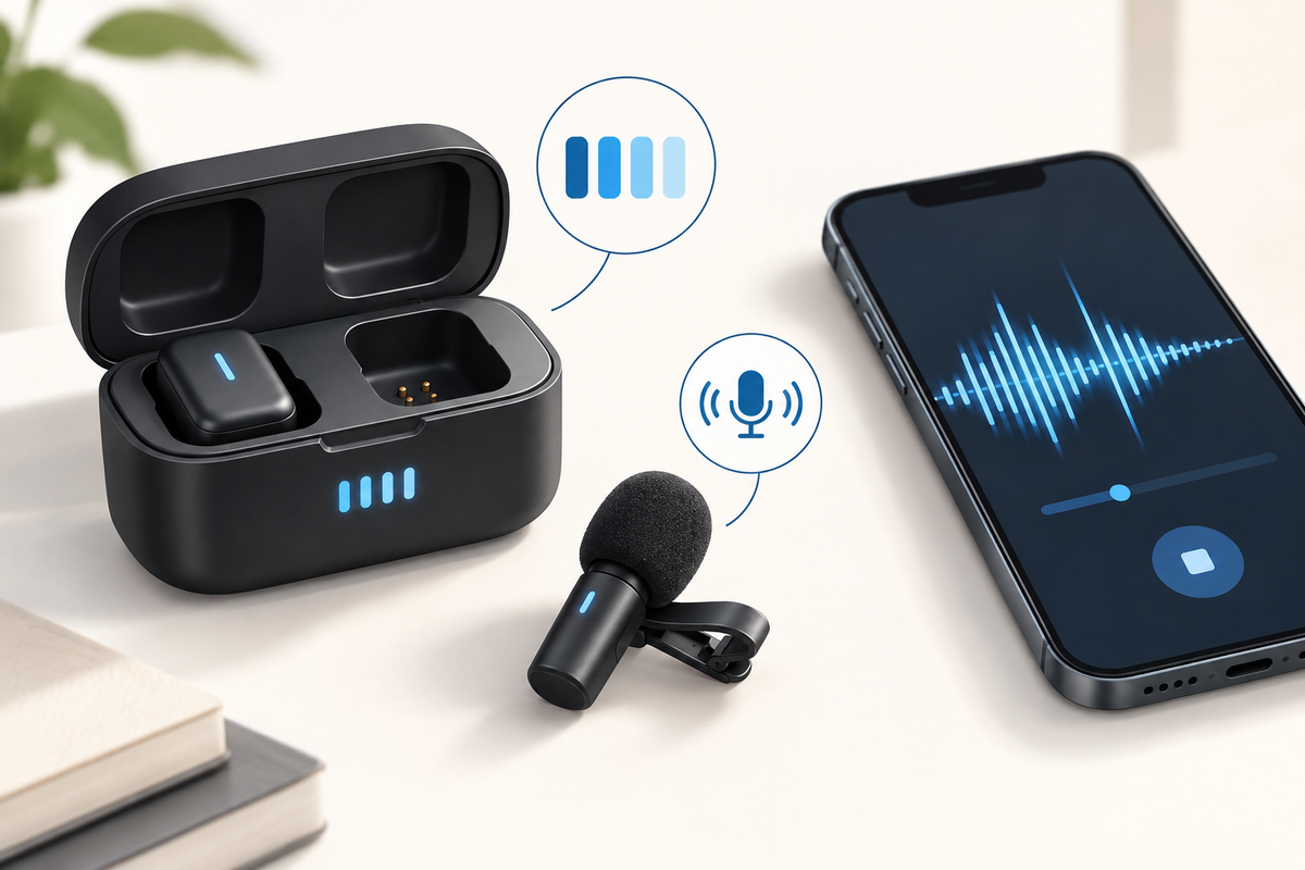 Editorial illustration: Generic charging case with abstract nonnumeric battery bars, lapel microphone and a short audio waveform on a phone