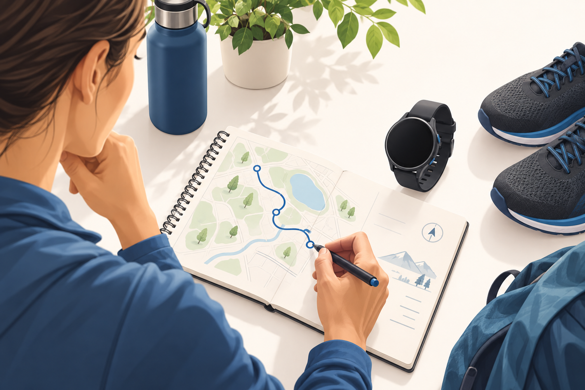 Editorial illustration: Adult reviewing a simple activity route on a notebook beside a round watch silhouette and walking shoes