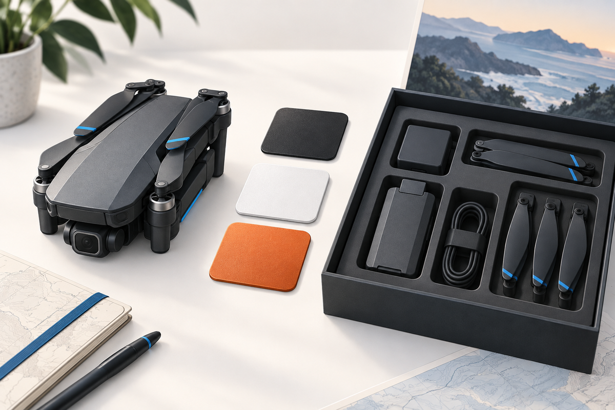 Editorial illustration: Unbranded folded drone-shaped silhouette next to black, white and orange material swatches and a tidy packing tray