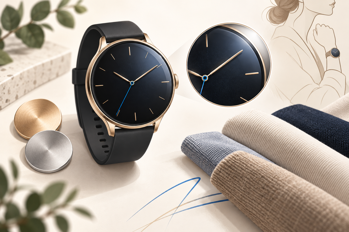 Editorial illustration: Round jewelry-inspired watch silhouette beside gold and silver swatches, sleeve fabrics and a magnified simple screen circle