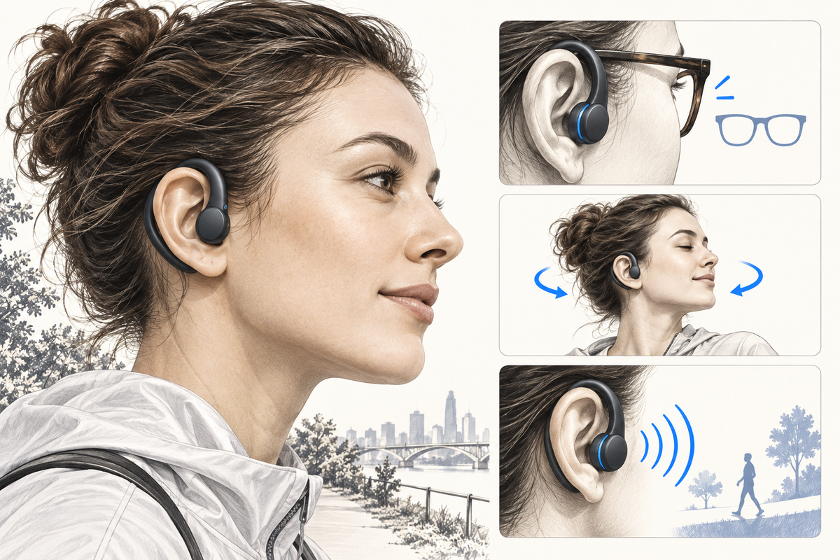 Editorial illustration: Conceptual side-profile ear with an open-ear hook outside the canal