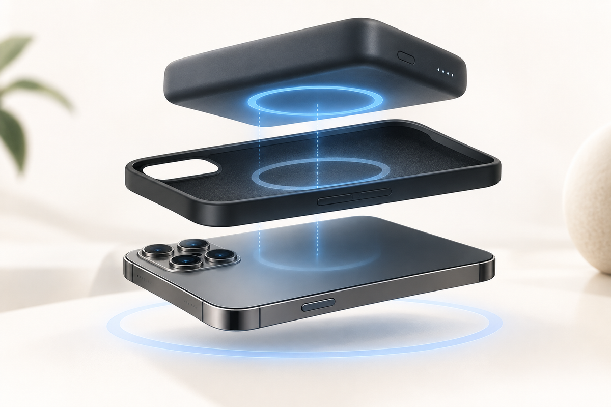 Editorial illustration: Exploded conceptual stack of smartphone, thin case and magnetic battery silhouette aligned over a soft ring, no brand logos, no certification symbol or charge speed numbers