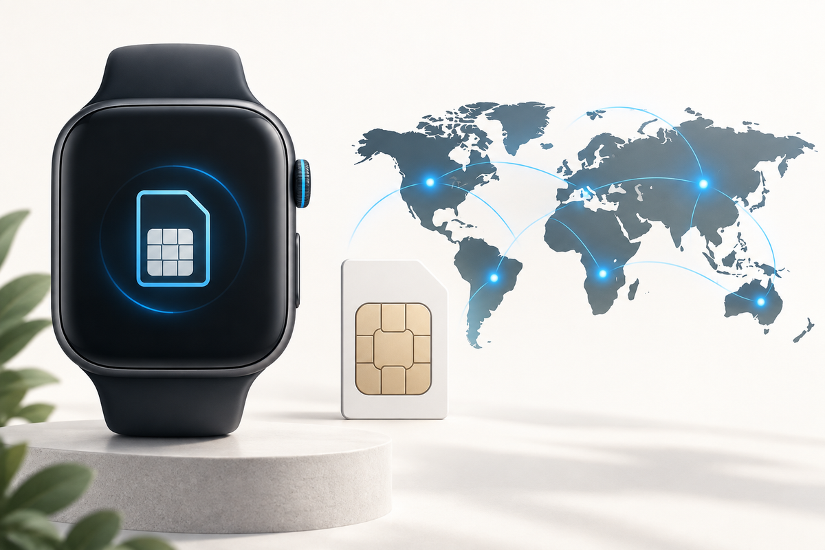 Editorial illustration: Large generic watch screen silhouette, Nano-SIM shape and regional network map as separate concept objects
