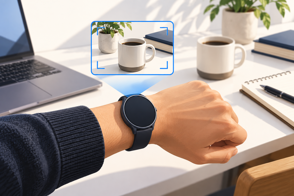 Editorial illustration: Adult wrist with abstract unbranded watch outline and a small camera-view frame of a stationary object, everyday desk scene