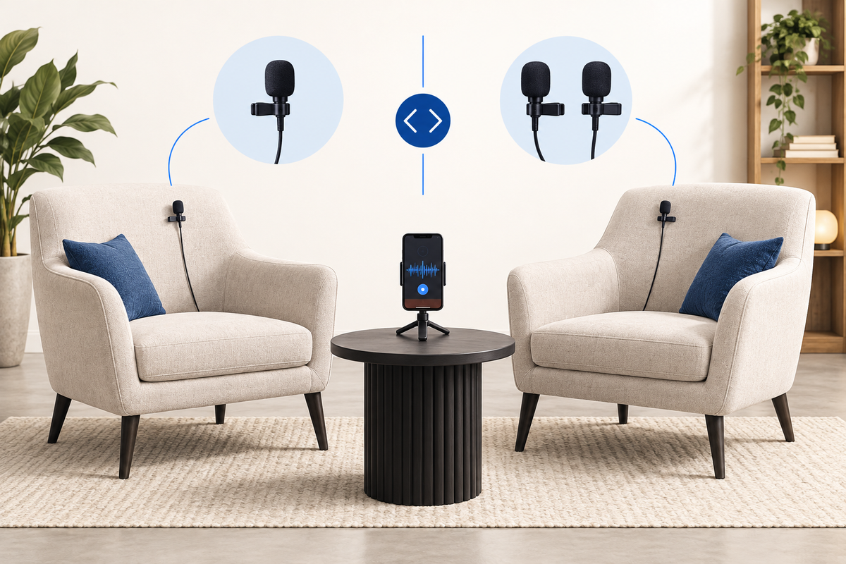 Editorial illustration: Two seated interview chairs with one neutral lapel microphone icon for each and a phone recorder between them
