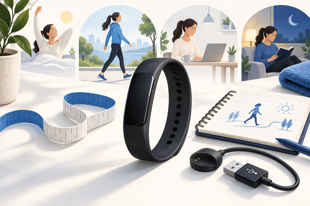 Editorial illustration: Slim band silhouette beside flexible wrist measuring tape with no numerals, USB symbol and a simple walking journal
