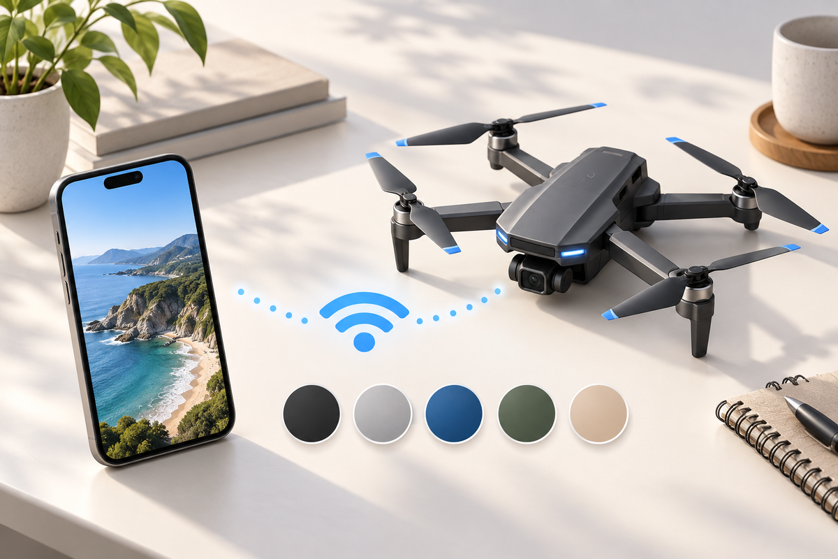 Editorial illustration: Smartphone and generic folding drone symbols linked by a Wi-Fi motif, color swatches separate from hardware, neutral tabletop