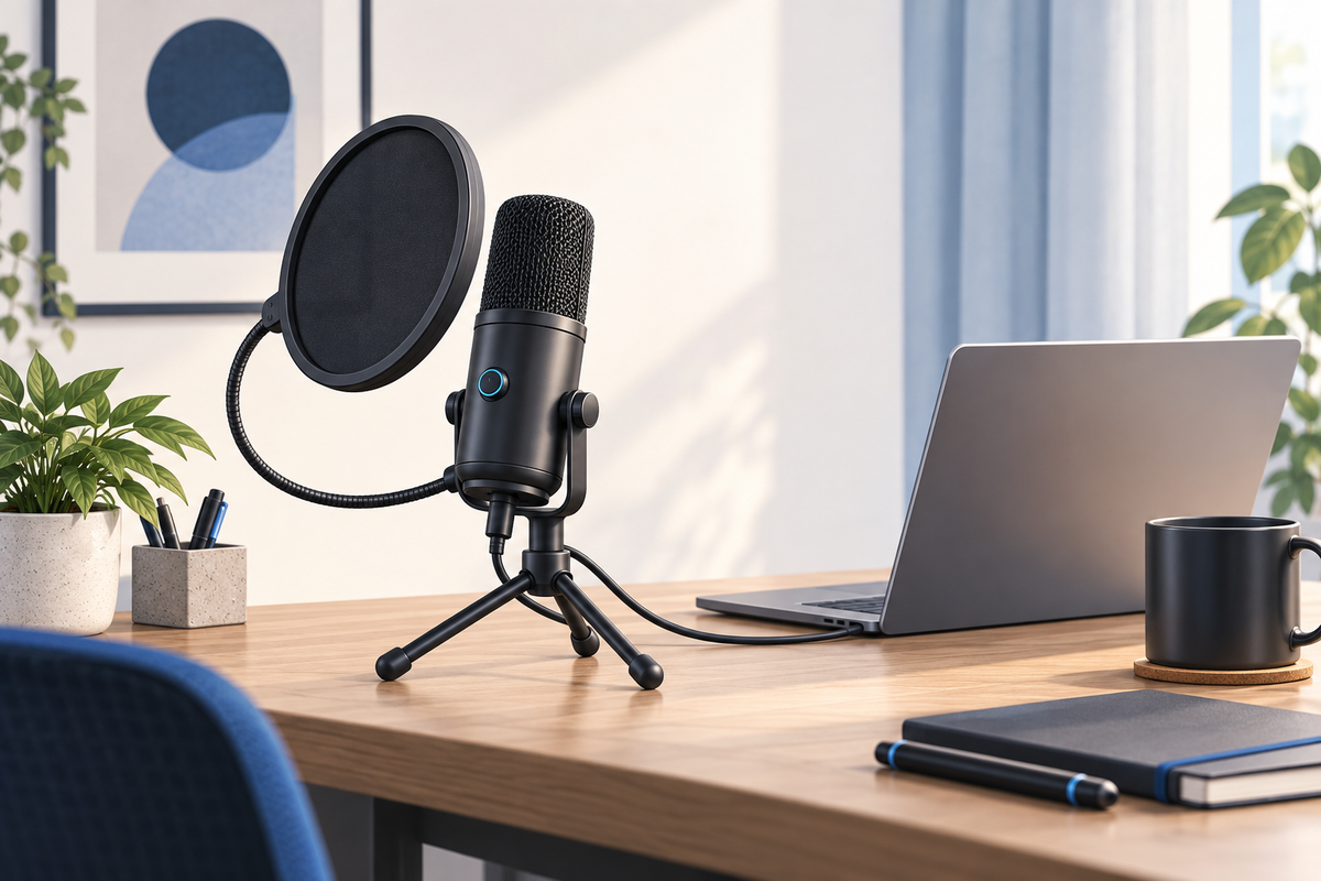 Editorial illustration: A tidy recording desk with generic tripod microphone, circular pop filter and laptop, curtain in background, cable routed neatly