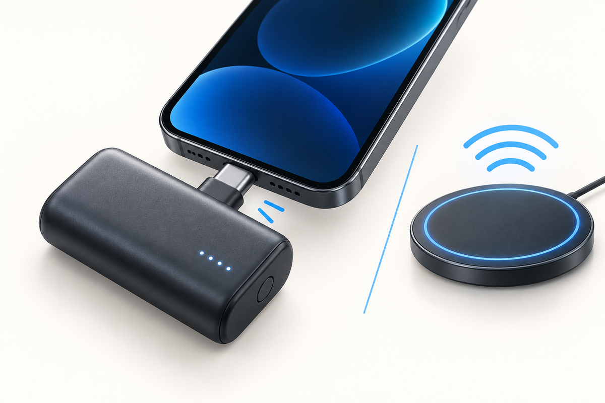 Editorial illustration: Educational close-up concept of physical connector contact between small battery and phone, a separate circular wireless-pad icon visibly distinct