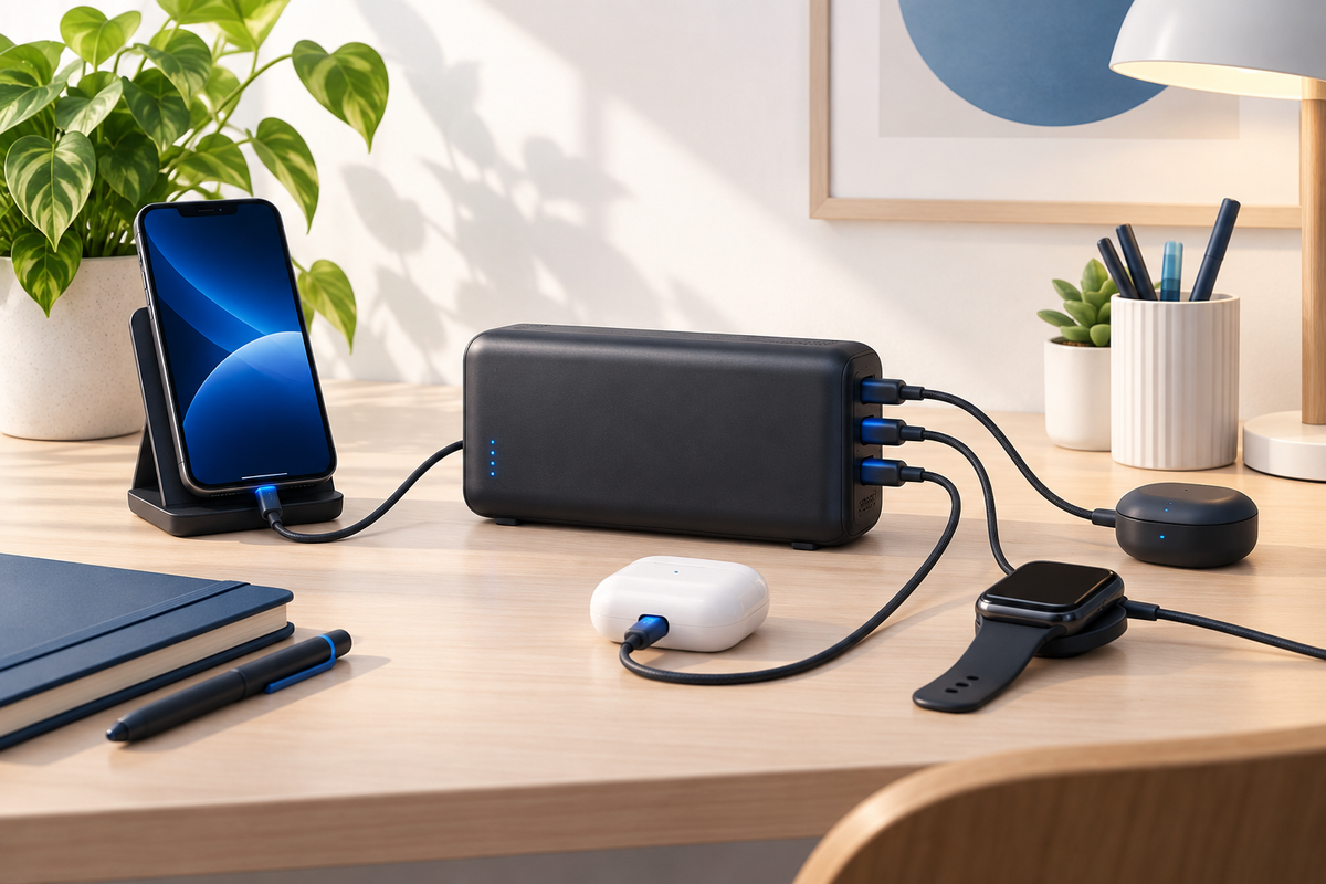 Editorial illustration: Organized home desk charging station with large generic power-bank silhouette, phone and small accessories, separated cables and ventilation space