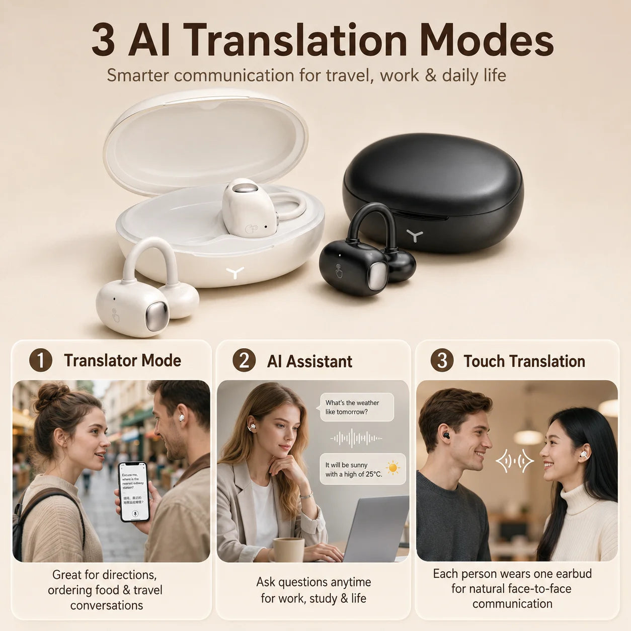 HM22 AI Smart Translation Clip-on Wireless Bluetooth Earphones (White, True Wireless)With One Year Warranty
