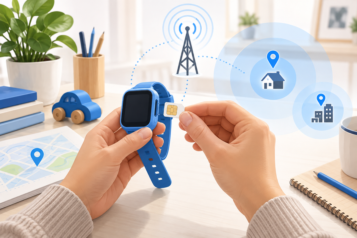 Editorial illustration: Parent hands organizing a child-sized watch silhouette and SIM card at a home desk, abstract cell tower and Wi-Fi location circles
