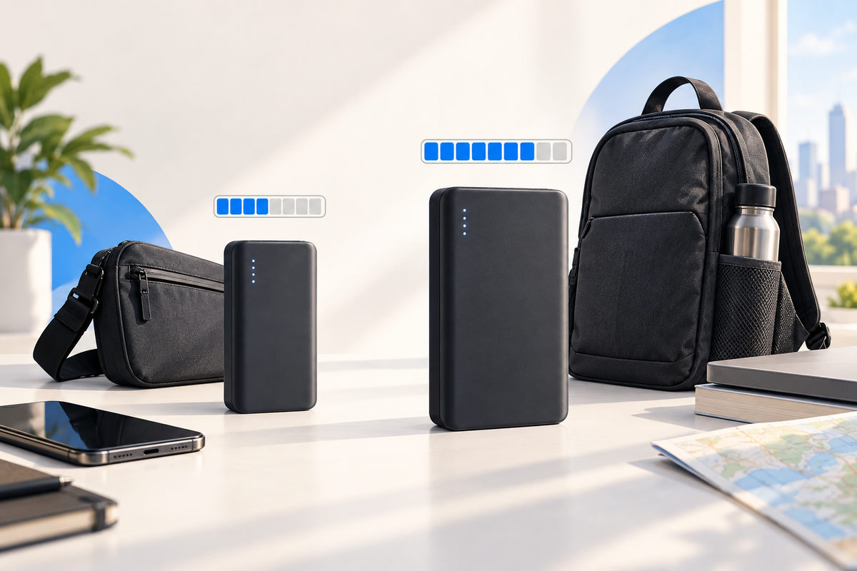 Editorial illustration: Two conceptual unbranded battery silhouettes beside a slim pocket bag and a larger day bag, abstract capacity bars of different lengths