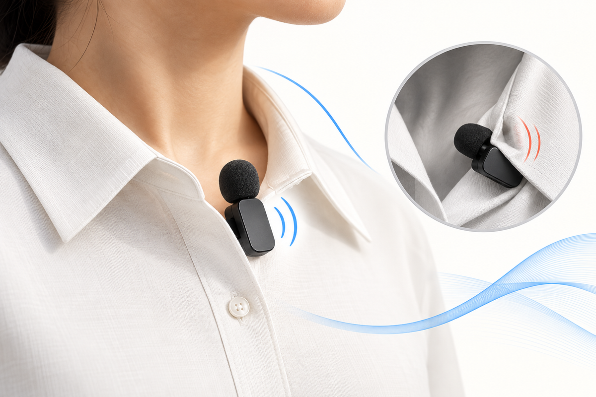 Editorial illustration: Close conceptual shirt collar and small neutral clip microphone with clear space from fabric folds