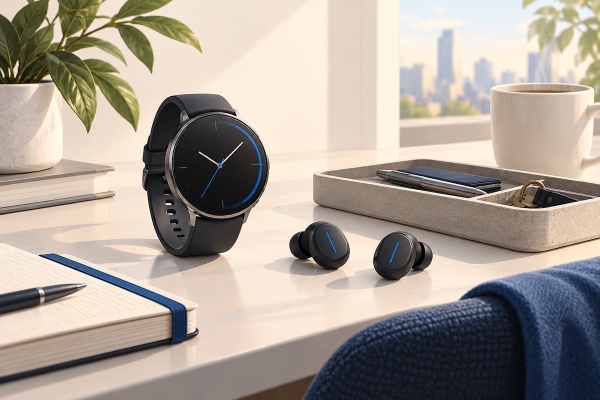 Editorial illustration: Conceptual watch and separate earbud silhouettes with morning desk items and small organization tray, showing two device roles without inventing exact storage mechanism