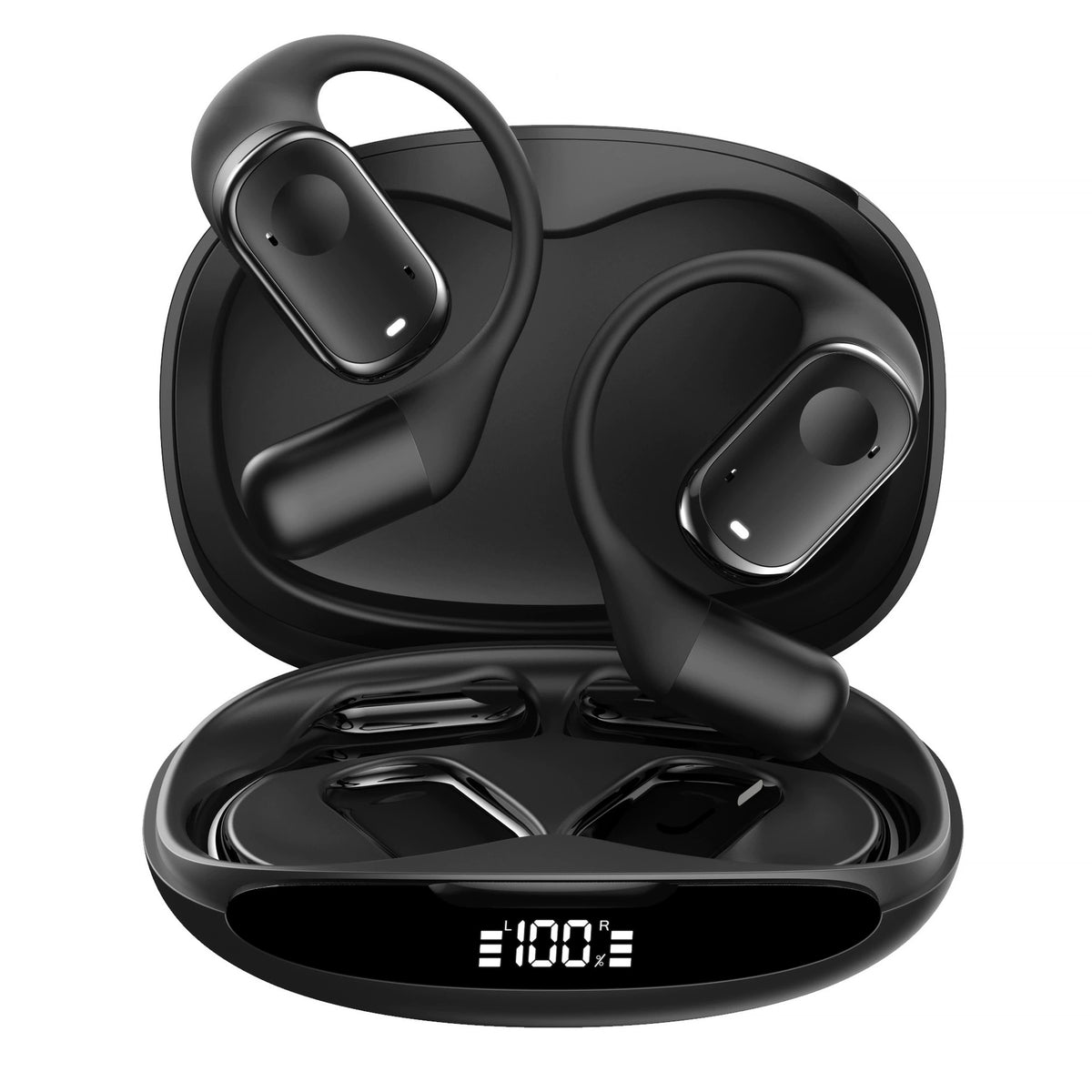Lorvyo open-ear wireless earbuds in Black with ear hooks and digital-display charging case