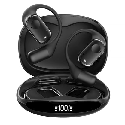 Lorvyo open-ear wireless earbuds in Black with ear hooks and digital-display charging case