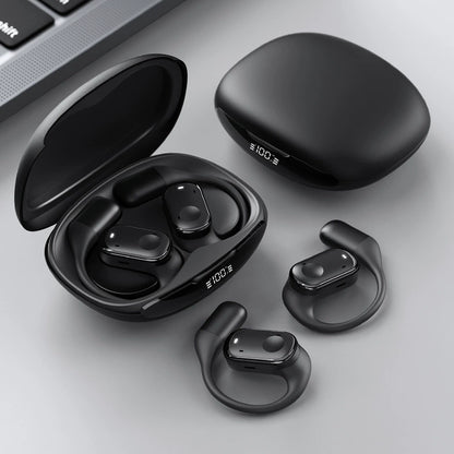 Black open-ear earbuds and charging case shown from multiple angles