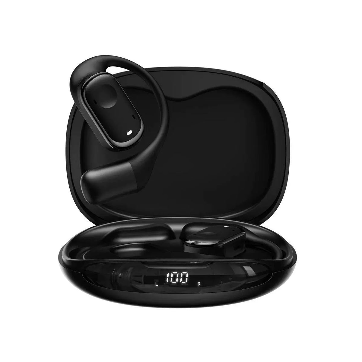 Black open-ear earbud with open charging case and front digital battery display