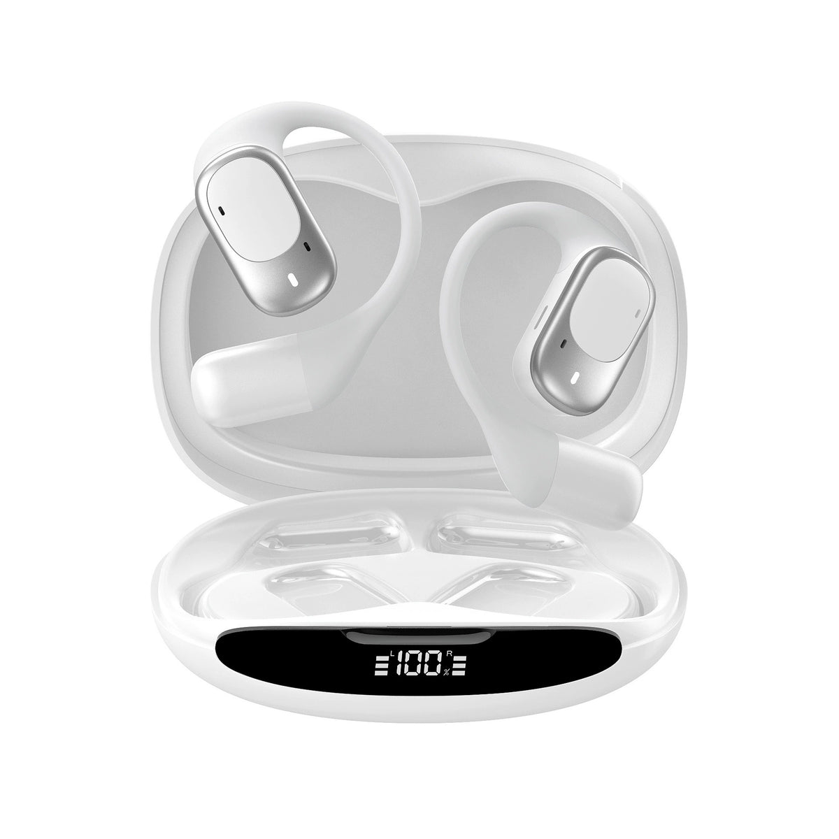 Lorvyo open-ear wireless earbuds in White with ear hooks and digital-display charging case