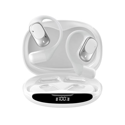 Lorvyo open-ear wireless earbuds in White with ear hooks and digital-display charging case